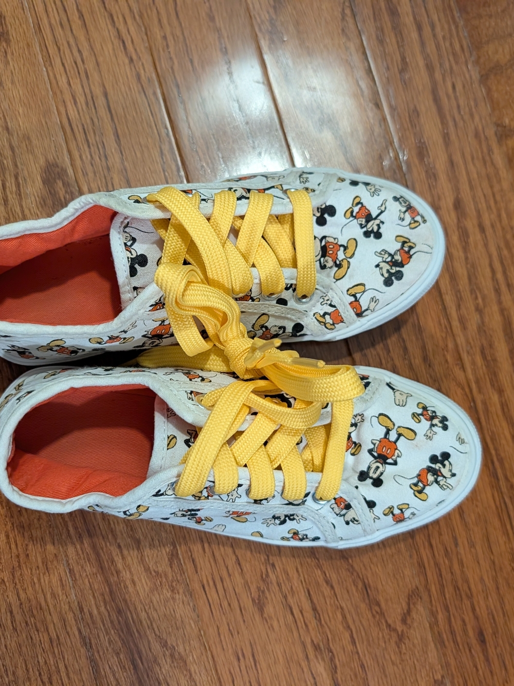 Disney Mickey Mouse White Canvas Sneakers with Yellow Laces and Orange Lining